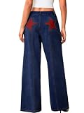 ChiaoLezhee Women's Low Rise Baggy Jeans with Star Design, Soft Straight Wide Leg Pants, Lightweight and Comfortable,Trendy 2000S Teens,Red-Stars Dark Blue,Large