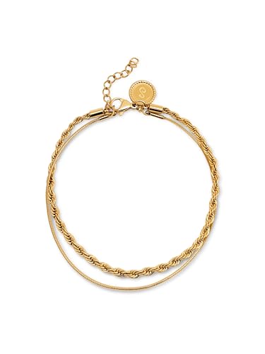 Due catene lunghe 16 + 3 cm. SINGULARU - Bracciale Nautic. Acciaio con Finitura Placcata Oro 18Kt. Due Catene. Lunghezza 16 + 3 cm. Gioielli per Donna