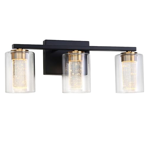 Image of 3-Light Black Bathroom Light Fixture, Dimmable 5CCT Black and Gold Bathroom Vanity Lights, 2700K to 6500K Modern Crystal Bubble LED Wall Sconce Over Mirror with Clear Glass