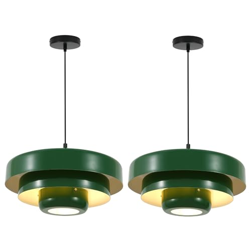 Image of Set of 2 Green Pendant Lights, Small 3-Layer Metal Shade Chandeliers, Modern Farmhouse Island Lights for Kitchen Over Sink, Foyer, and Dining Room