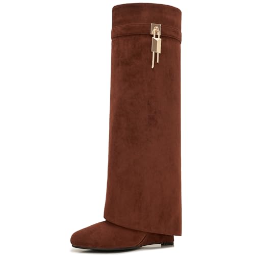 Image of Fold Over Boots for Women Pointy Pull-on Wedge Heel Knee Shark Boot With Side Zipper Padlock Design