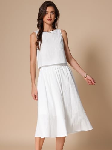 Allegra K Women Summer 2 Piece Outfits Round Neck Sleeveless Crop Top Midi Skirts Set Beige L - Image 2