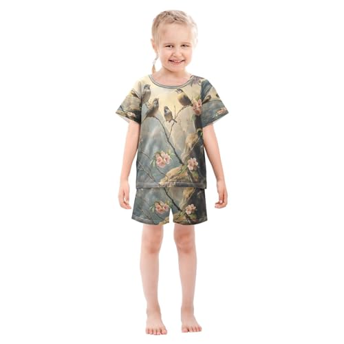 ALAZA Bird Flower Blossom Mountain Pajamas Set Short Sleeve Cotton Sleepwear Summer Pjs 2 Piece 5-14Y3