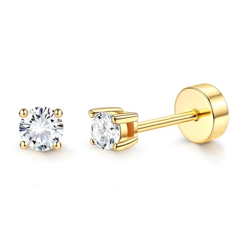 14K Gold Plated Solid 925 Sterling Silver Post Cubic Zirconia Stud Flat Back Earrings