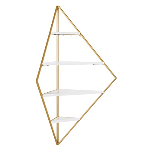 Kate and Laurel Melora Modern Glam Corner Shelf; 24 x 17 x 38; White and Gold; Glamorous Floating Corner Shelving with Four Shelves and Unique Geometric Shape