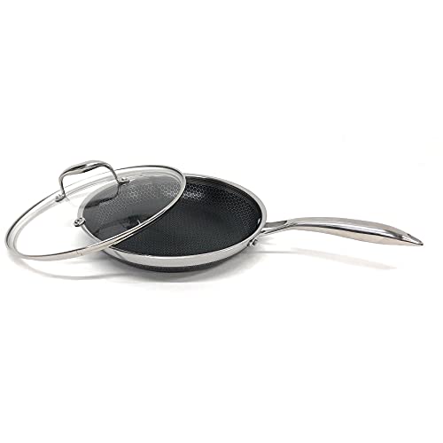 HexClad Revolutionary Laser Etched Hybrid Technology Cookware, Non-Stick Interior and Exterior, Stainless Steel with Aluminum Core, with Tempered Glass Lid, Works on All Cooktops (10' Saute Pan)