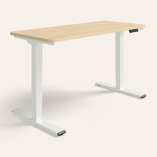 Image of Interio by Godrej Stance Dual Motor Height Adjustable Work Desk | 135 X 60 cms Sit-Stand with Digital Display & Memory Preset, 3 Stage, Douglus Pine top, White Leg