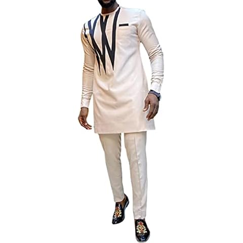 African Men‘s Party Suit 2 Piece Set Dashiki Casual Ethnic Mid-Length Cotton Shirt Pant Tracksuit Long Sleeve Outfit (White,L2) Cover