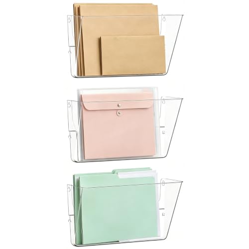 MINDEPOT 3 Pockets Acrylic Wall File Organizer Clear File Holder for Office