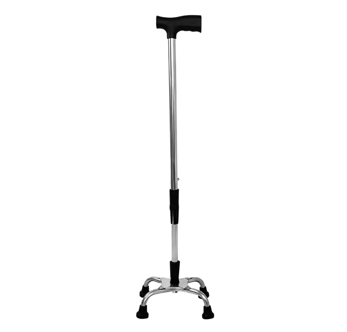 Orthologics™ 4 Feet Walking Stick Small Based Quad Cane/Tetrapod with Non slip Rubber Ferrules. Fully Adjustable -10 Height Settings Extra Stability for Elderly M9