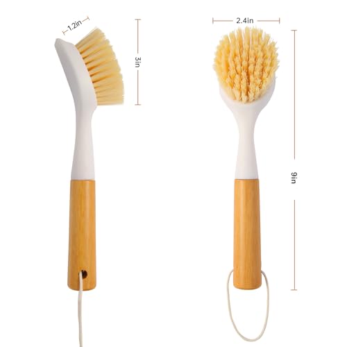 Cooptop 3 Pack Dish Brush Set with Bamboo Handle, Dish Scrubber Built-in Scraper, Kitchen Scrub Brush for Cleaning Cast Iron Cookware, Pans, Pots, Counter & Kitchen Sink (White)
