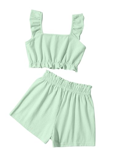 Image of Girl's Summer Clothing Sets Knit Ruffle Striped T-Shirt and Shorts 2 Piece Outfits