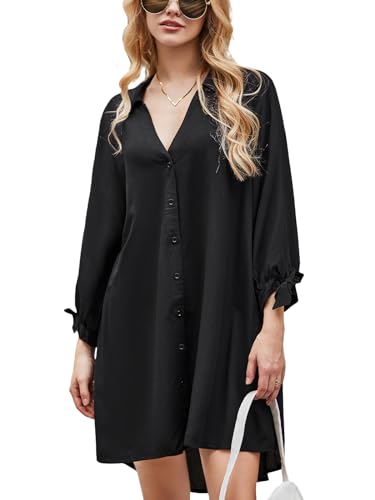 CUPSHE Women Shirt Mini Summer Dress Cover Ups 3/4 Sleeve Cuff Tie Button Down Holiday Sundress Beach Cover Up Dress