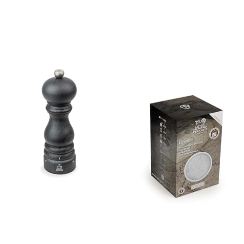 Peugeot - Paris u'Select Manual Salt Mill - Adjustable Grinder - Beechwood, Graphite Finish, 18 cm + Peugeot Saveurs 42721 Salt, Wood
