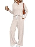 LILLUSORY Womens 2 Piece Lounge Sets Fall Outfits Henley Neck Sweater 2025 Matching Sweat Suits Comfy Pajamas Clothes Pockets Apricot M
