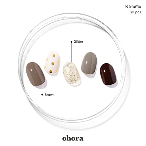 ohora Semi Cured Gel Nail Strips (N Muffin) - Works with Any UV Nail Lamps, Salon-Quality, Long Lasting, Easy to Apply & Remove - Includes 2 Prep Pads, Nail File & Wooden Stick