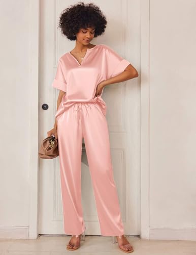 Image of Ekouaer Mens Satin Pajamas Set Button-Down Short /Long Sleeve Shirt Top Soft Silk Sleepwear Loose Pocket Pant Loungewear