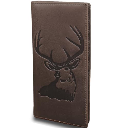 Image of DK86 Deer Long Wallet For Men Full Grain Leather Rfid Blocking Rodeo Wallet Bifold Wallet Deer Wallet, Coffee