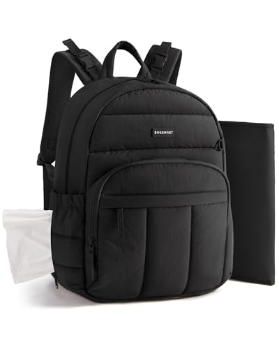 BAGSMART Diaper Bag Backpack Multi-Pocket Puffy Diaper Bag with Waterproof Changing Pad Lightweight Stroller-Friendly Diaper Bag with Insulated Pockets Easy-Access Baby Essential Black