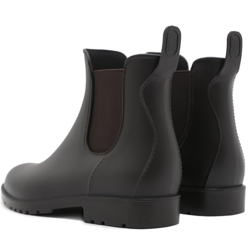 Acfoda Kurze Damen Gummistiefel Herren Regenstiefel Wasserdicht Lack Regen Schuhe Ankle Chelsea Boots Gummi Stiefel mit Blockabsatz Braun Gr.38