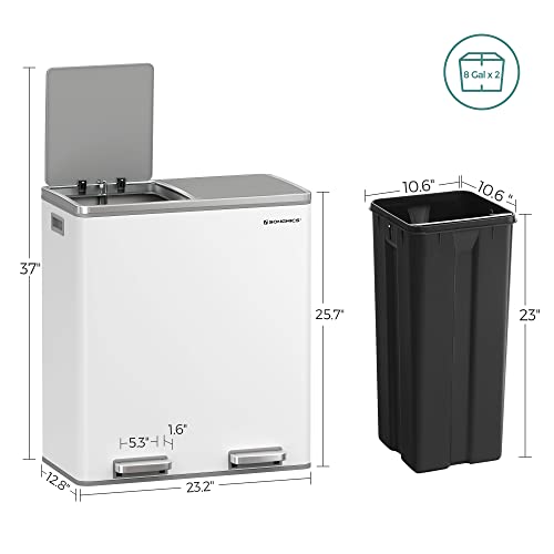 Songmics Trash Can, 2 X 8 Gal Garbage Can For Kitchen, With 15 Trash Bags, 2 Compartments, Plastic Inner Buckets And Hinged Lids, Airtight, White And Grey Ltb60Wt #TOP5