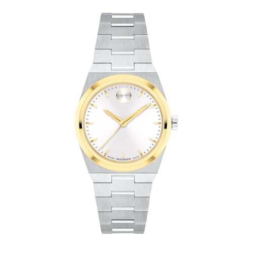 Movado Women's Bold Quest Mini 28mm Watch, White Sunray Dial, Swiss Quartz Movement, Stainless Steel Case and Bracelet, Signature Dot, Modern Petite Luxury Timepiece