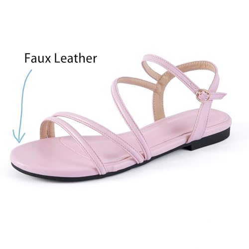 Image of Mtzyoa Women Flat Sandals Dressy Strappy Gladiator Summer Ankle Strap Nude Open Toe Comfortable Wedding Casual Leather Ladies Party Trendy Vacation