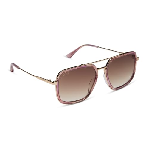 DIFF Jordan Designer Oversized Navigator Sunglasses for Women | UV400 Protection | Gold + Fleur Tort Temple Tips + Brown Gradient