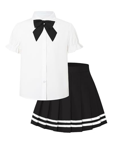 Image of Betusline Girls Skirt Set JK School Uniform 2-Piece Outfit - Short Sleeve Shirt with Bow & Webbing Style Solid Pleated Skirt,Webbing Black, 4-5 T = Tag 120