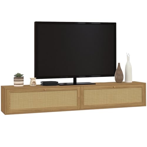 IDMarket - Meuble TV 180 cm Suspendu HANAE 2 Portes Effet Naturel cannage