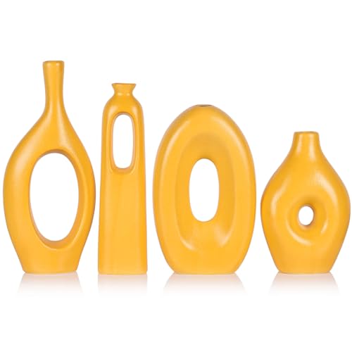 Floreros Amarillos Decoración para el Hogar - 4-Piezas Florero de Cerámica Amarillo Boho Redondo Hueco, Floreros Pequeños Modernos para Sala de Estar, Mesa de Comedor, Oficina, Boda, Decor de Chimenea