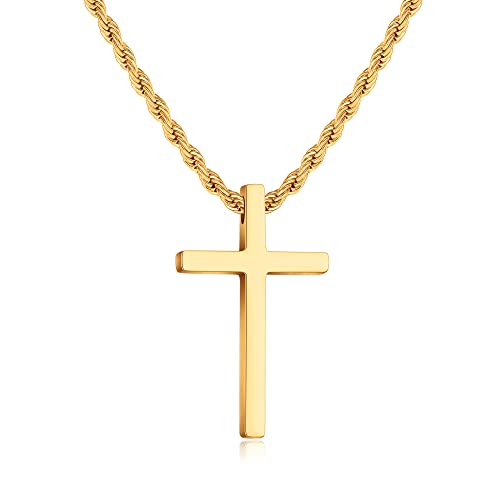 Ailetop Gold Cross Necklace For Men Boys,Stainless Steel Gold Cross Chain Pendant Necklace For Men Boys Mens Cross Necklaces Gold Chain Necklace For Men Jewelry Gifts Rope Link Chain 18 Inches #TOP20