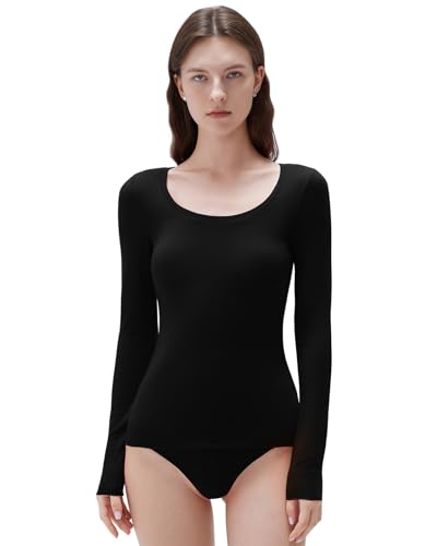 SUUKSESS Cloud Cashmere Women Scoop Neck Fitted Long Sleeve Shirt Basic Knit Tops2