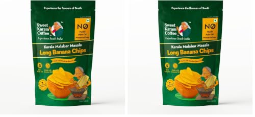Image of Sweet Karam Coffee Kerala Malabar Masala Long Banana Chips - 95g | No Palm Oil or Preservatives | Made with 100% Coconut Oil | Zero Trans Fat | Thin, Crunchy & Spicy Tea-Time Namkeen (Pack of 2)