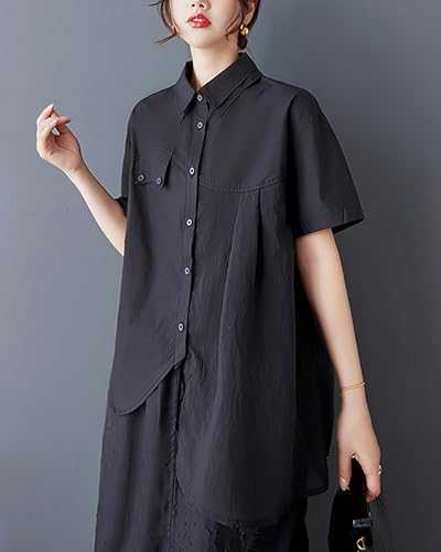 ellazhu Women's Shirt Lapel Short Sleeve Button Down Solid Color Irregular Hem Asymmetrical Cut GZ4792