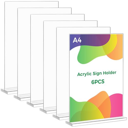 Thboxes A4 Acrylic Sign Holder, 6 Pack T-Shaped Double-Side Display Stand Poster Holder Clear A4 Menu Holders for Office, Hotel Store Restaurant