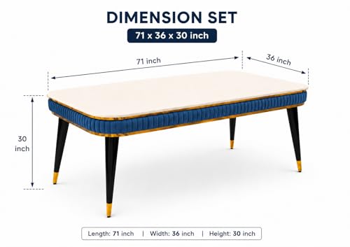 Image of WOODEN SPACE 6-Seater Wooden Dining Table Set | Nano Composite Marble Top | Solid Wood Base | Modern Dining Room Furniture with 6 Chairs (Blue Printed)