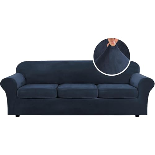 H.VERSAILTEX High Stretch Sofa Slipcover 4 Piece Cover Velvet Furniture Protector Form Fit Thick Velvet Extra Large Sofa Cover for 3 Cushion Couch Width Up to 97 Inch (Large Sofa, Navy)