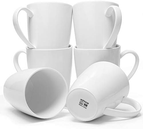 amhomel Coffee Mugs Set of 6, Porcelain Mugs - 16 Ounce for Coffee, Tea, Cocoa, Cappuccino, Latte and Milk, Large Handle Design, Microwave and Dishwasher Safe, White