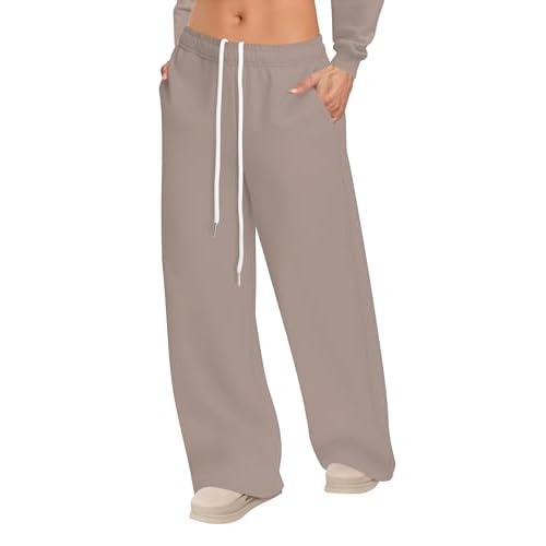 Womens Sweatpants Wide Leg Drawstring Workout Casual Baggy Pants High Waist with Pockets Coffee Large