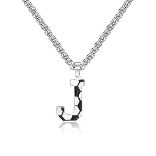 Image of Football Letter J Necklace Initial Alphabet Pendant Necklace Stainless Steel 4mm Braided Wheat Chain Necklaces 55cm Women Men Football Fanatic Gift