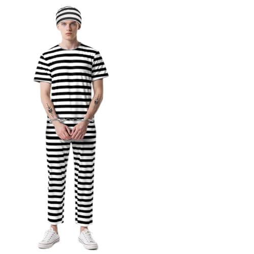 BSBUY Disfarce de prisioneiro, disfarce de convicto preto e branco com top calças e gorro, fato de prisão convicto, Ropade preso adulto, para cosplay carnaval Halloween festa, Branco e preto, XL