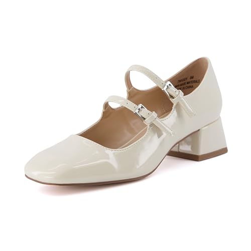 CUSHIONAIRE Twiggy Mary Jane Chunky Heels for Women | Vegan Patent Leather Closed Toe with Double Strap | Comfortable Dress Shoes for Women | Memory Foam | Cream 9W