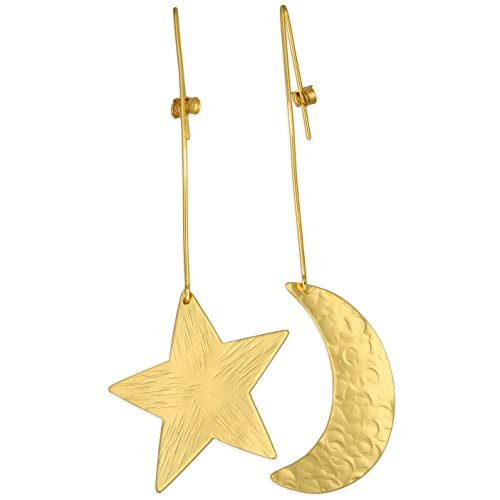 Emmanuela Big Star & Crescent Moon Earrings Handmade from Gold Plated 925 Sterling Silver - Totally Handmade Drop Dangle Statement Large Mismatched Hypoallergenic Earrings