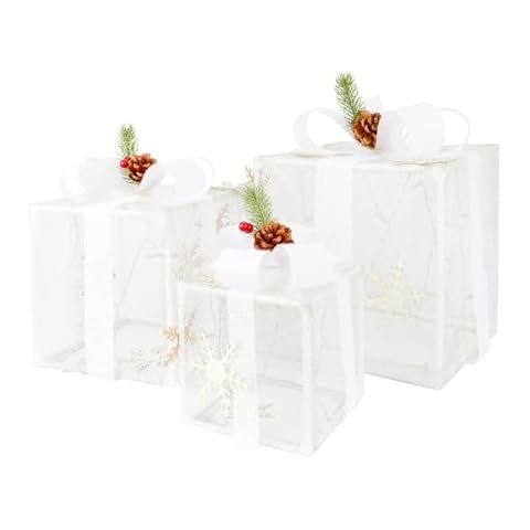 Set of 3 Christmas Lighted Boxes, Lighted Gift Boxes Decorations, 60 LED Christmas Light Up Present Box with 8 Modes, Battery Powered Gift Box for Xmas Tree Yard Home Porch Holiday Lawn Decor Cover