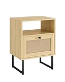 Apetaccat Rattan Nightstand, Mid Century Modern Night Stand,Boho Farmhouse Wood Bedside Table with Storage and Open Shelf, End Side Accent Table for Bedroom,Living Room,Oak