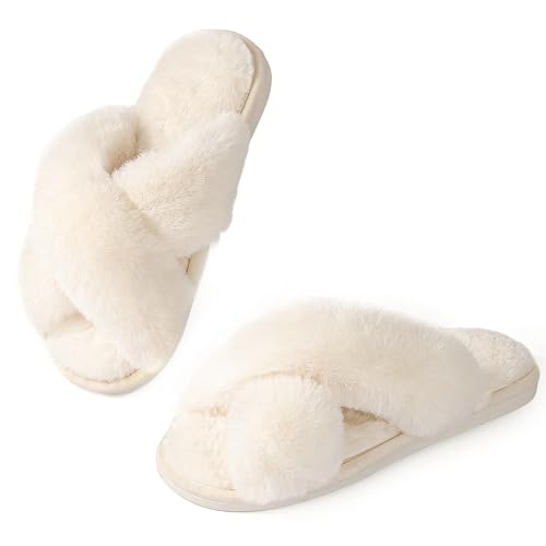 Ankis Womens White Fuzzy Slippers Memory Foam Cross Band Cozy House Slippers Plush Home Bedroom Fluffy Furry Open Toe Cute Soft Ladies Indoor Outdoor Soft Slipper Slides Wedding Bride Shoes Gifts