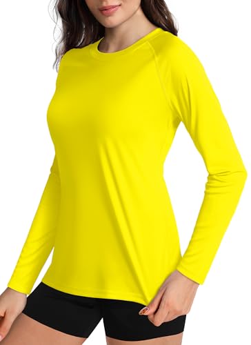 Boladeci Rash Guard Swimsuit Women Yellow Long Sleeve SPF Swim Shirts UPF 50+ Sun Protection Workout Tops Athletic L