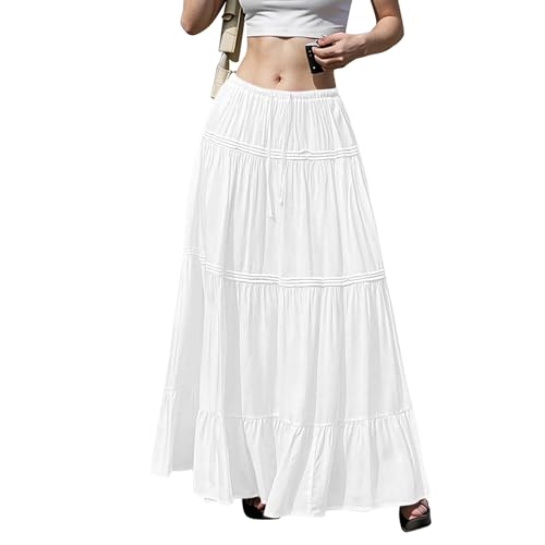 Maxi Skirts for Women Trendy Drawstring High Waisted Flowy Tiered Linen Skirt Pleated Ruffled A-Line Long Skirts