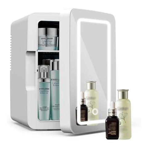 Living Enrichment Mini Fridge 6L Capacity, Skincare Fridge with Mirror, Portable Small Refrigerator Cooler or Warmer, AC DC Powered, for Drink Cosmetics, Skin Care, Bedroom Office Car, White Cover